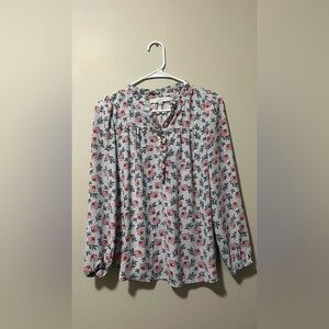 New Ann Taylor LOFT Pink White Floral Tipped Long Sleeve Crew Neck Sweater